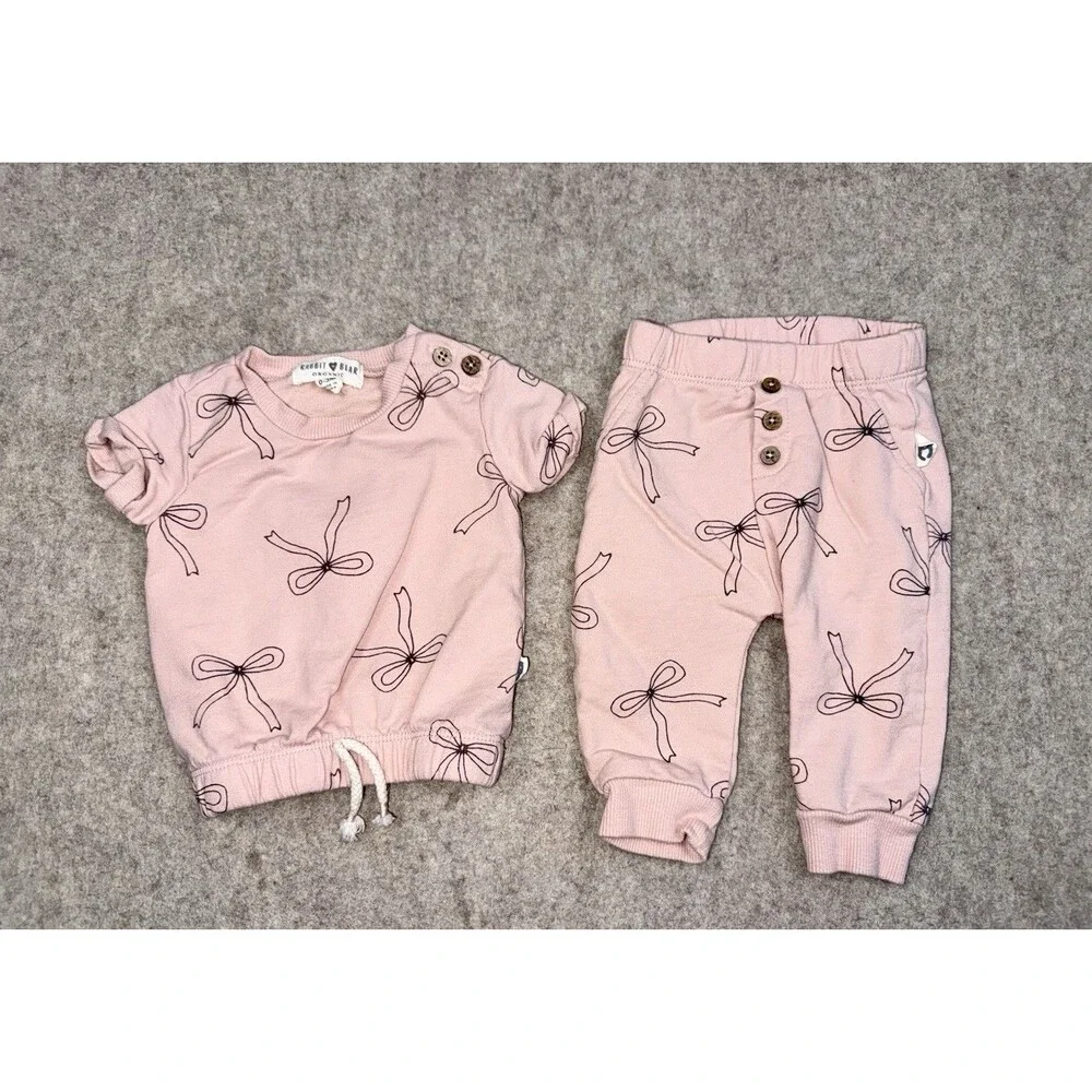 Rabbit Bear Baby Girl 0-3 Month Organic Pink Bows 2 Piece Sweat Set